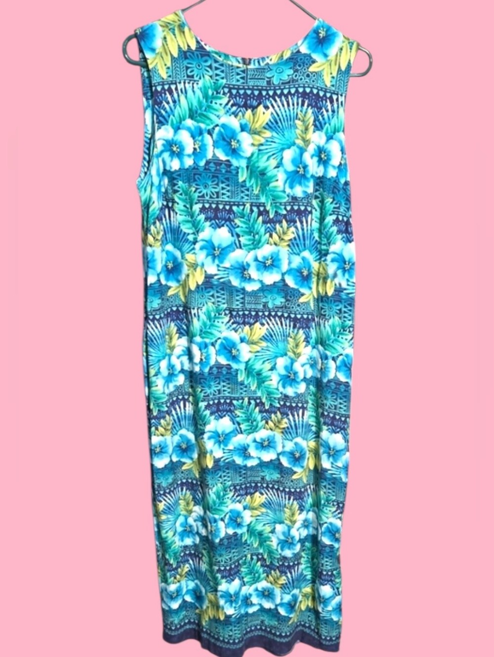 Vintage Sleeveless Blue Floral Maxi Dress with Tropical Print